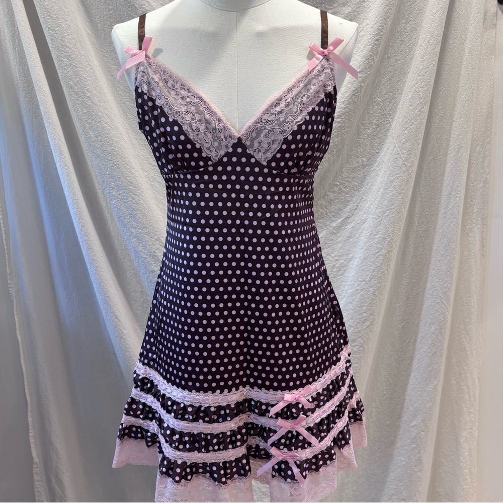 Delia’s Dolls Kill Tea Roses Fit Flare Slip Dress Brown Pink Polka Dot Large NWT